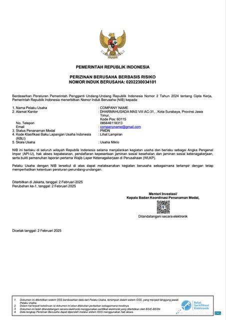 Download Indonesia certificate of incorporation Word and PDF template Photoshop template